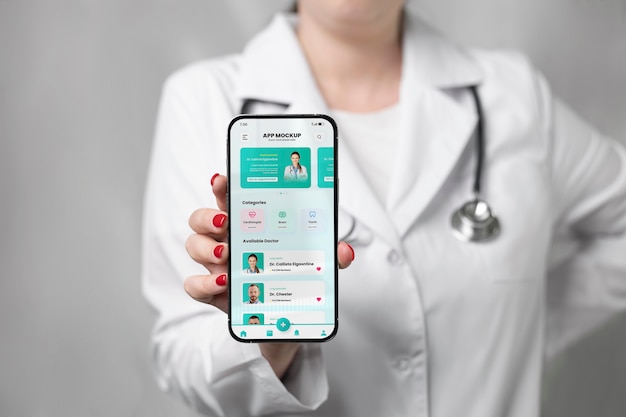 PSD medico che tiene la vista frontale del mockup dello smartphone