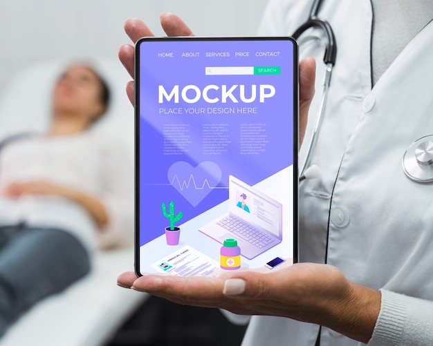 Doctor holding tablet mock-up near patient