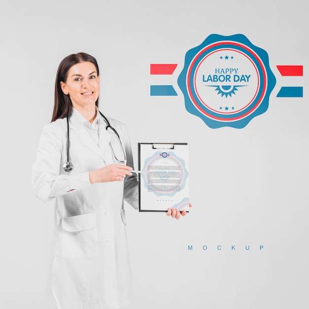 PSD doctor man holding clipboard mockup for labor day