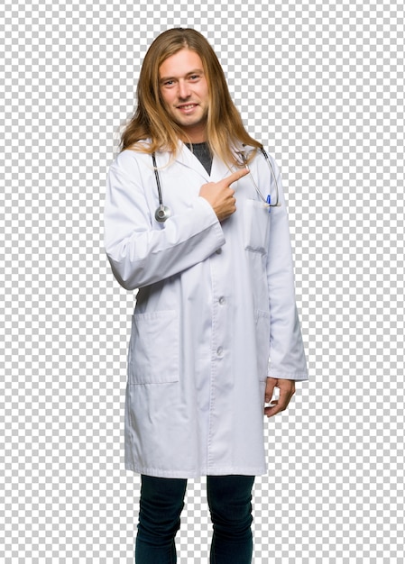 Doctor man pointing to the side to present a product