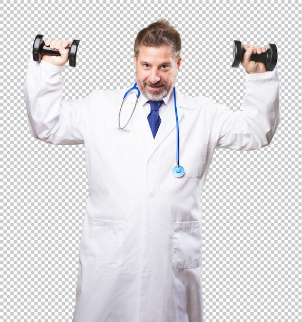 Doctor man with dumbbell