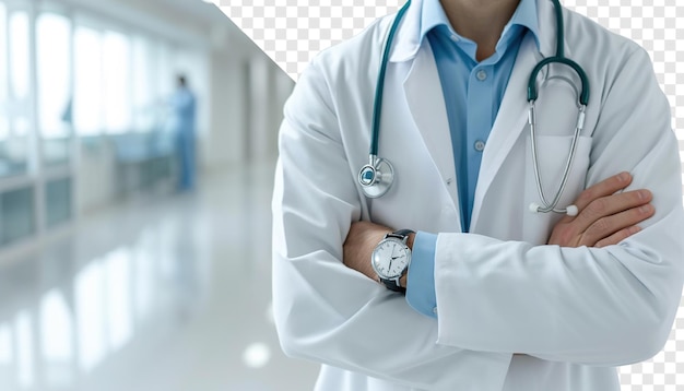 PSD doctor man with stethoscope blurred hospital background