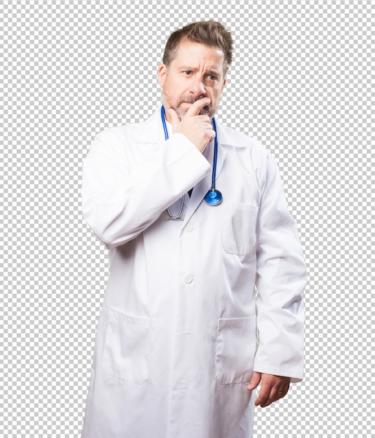 Doctor man worried on white