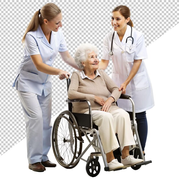 PSD doctor and nurse treating an old lady on transparent background