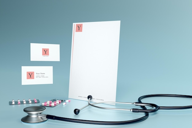 PSD doctor physician md medical medicine stationary letterhead paper and business card branding mockup