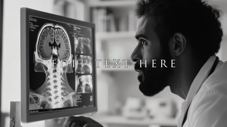 PSD doctor reviewing brain and spine xray on computer monitor