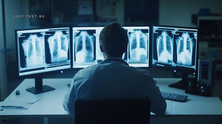PSD doctor reviewing chest xrays on multiple monitors in a dark medical office