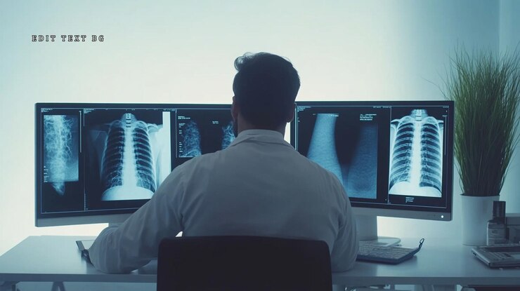 PSD doctor reviewing chest xrays on multiple monitors in a medical office