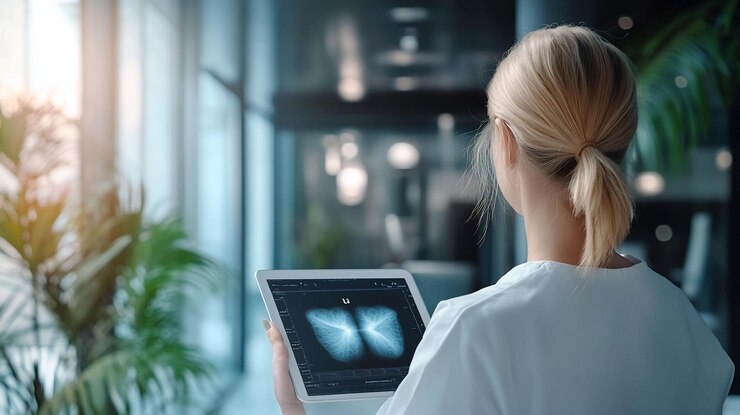 PSD doctor reviewing medical xray images on tablet