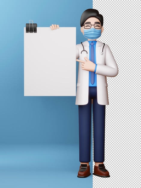 PSD doctor wearing mask with blank screen and empty board 3d rendering