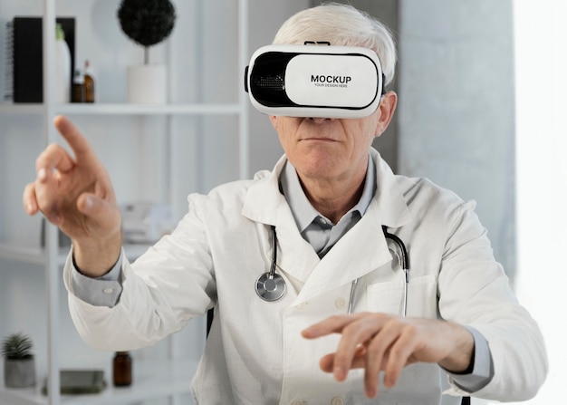 PSD doctor wearing vr glasses mockup