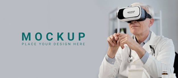 PSD doctor wearing vr glasses mockup