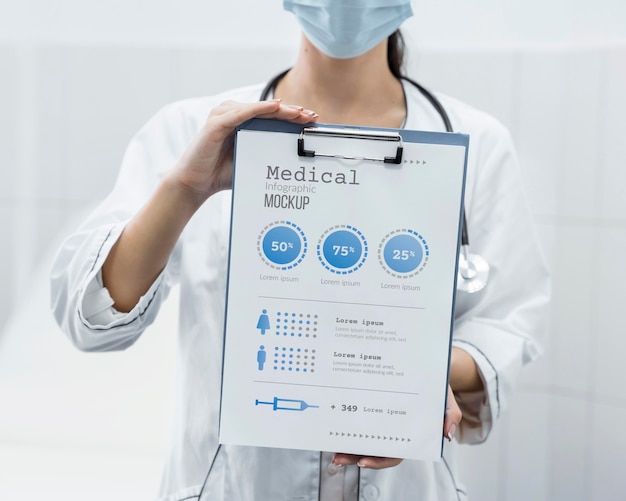 Doctor with face mask holding clipboard mock-up