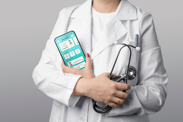 Medico con telefono e stetoscopio vista frontale