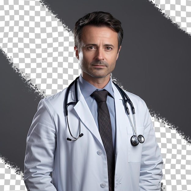 PSD a doctor with a stethoscope on his neck stands in front of a black and white background.