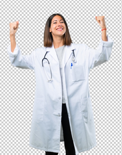 PSD doctor woman with stethoscope celebrating a victory in winner position