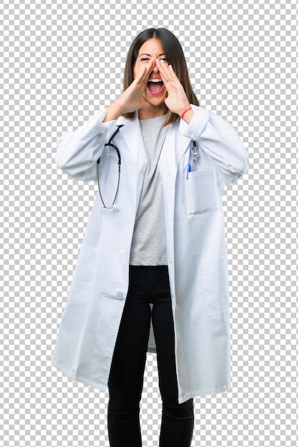 PSD doctor woman with stethoscope shouting with mouth wide open and announcing something