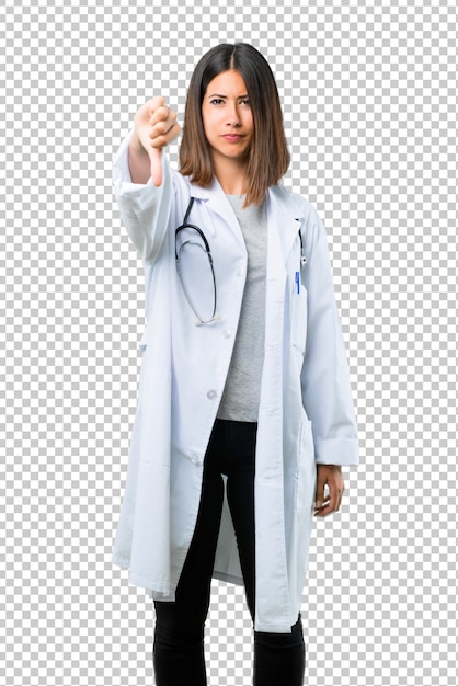 PSD doctor woman with stethoscope showing thumb down sign with negative expression