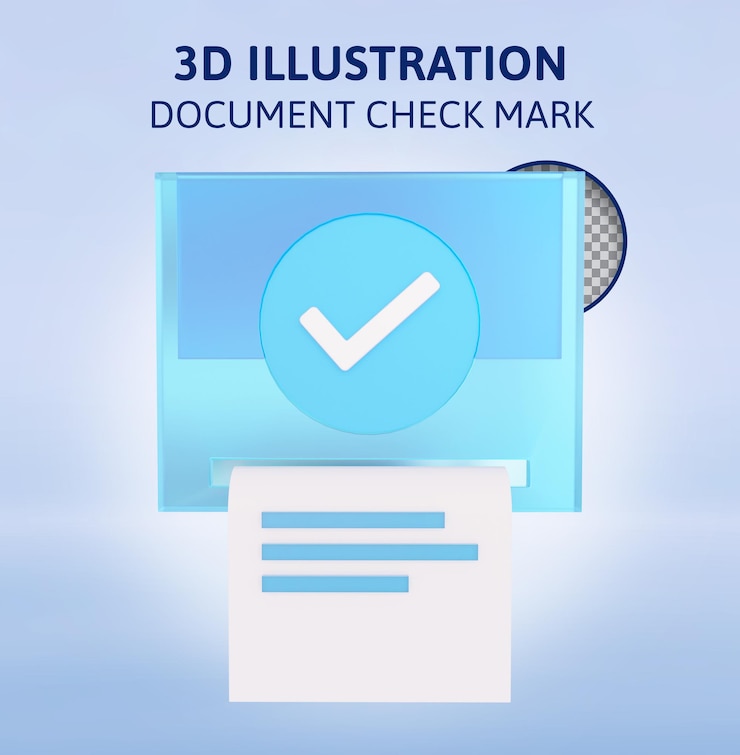 PSD document check mark 3d rendering illustration