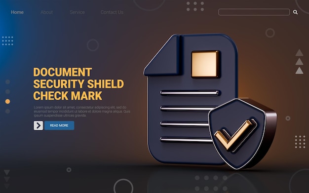 PSD document check mark icon with security shield on dark background 3d render concept for paper sheets