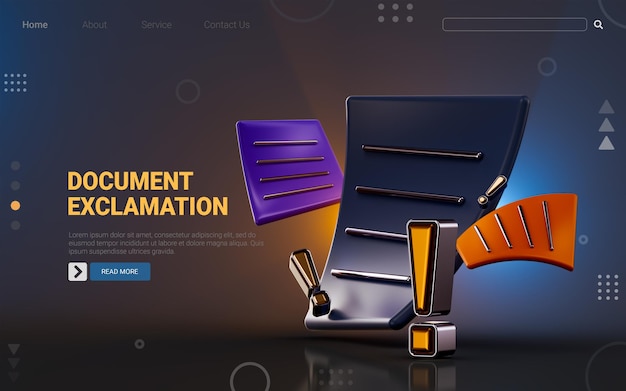 PSD document exclamation icon on dark background 3d render concept for reject file unaccepted papers