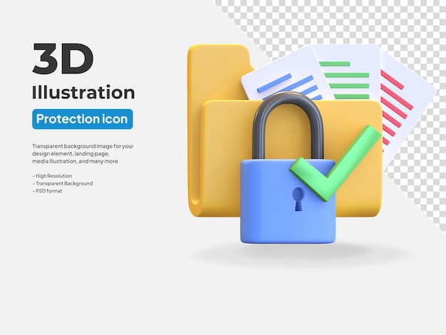 Document folder icon data protection secured with padlock and check mark 3d render illustration