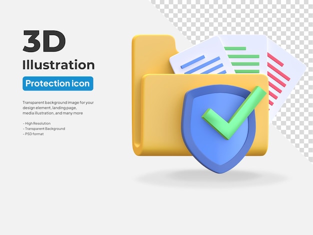 PSD document folder icon data protection secured with shield and check mark 3d render illustration