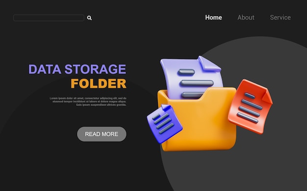 저장소 정보 데이터 저장을 위한 어두운 배경 3d 렌더링 개념에 문서 폴더 기호