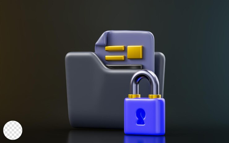 PSD document folder with padlock sign on dark background 3d render concept for file information protect