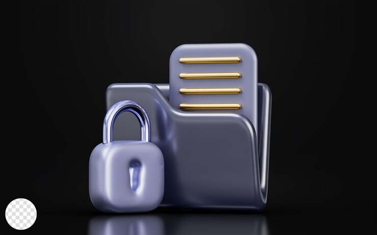 PSD папка для документов со знаком замка на темном фоне концепция 3d рендеринга для защиты файлов