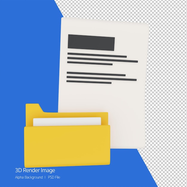 노란색 folder3d 렌더링 만화 그림 아이콘이 있는 문서 용지