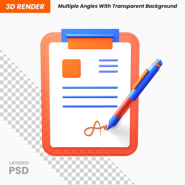 PSD assegnazione dell'attività di firma del documento 3d ha reso l'oggetto isolato sfondo trasparente