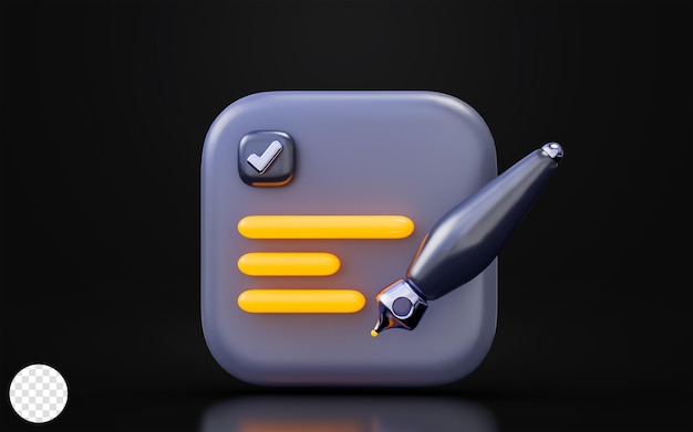 document with check mark pen sign on dark background 3d render concept for writing complete