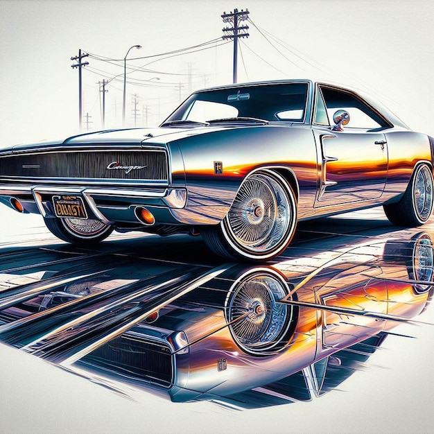 PSD dodge charger 1968 classic v8 muscle car pic hiperealistyczny vintage poster