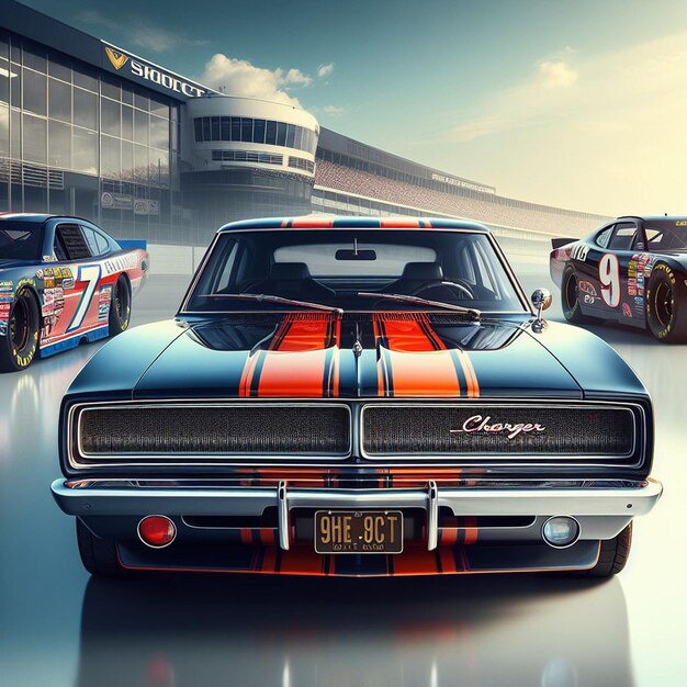 PSD dodge charger 1968 nascar racing car pic hiperealistyczny musclecar vintage poster