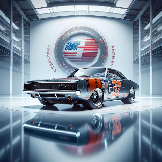 PSD dodge charger 1968 nascar racing car pic hiperealistyczny musclecar vintage poster