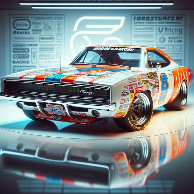 PSD dodge charger 1968 nascar racing car pic hyperealistische musclecar vintage poster