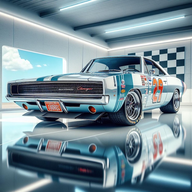 PSD dodge charger 1968 nascar racing car pic hyperealistische musclecar vintage poster