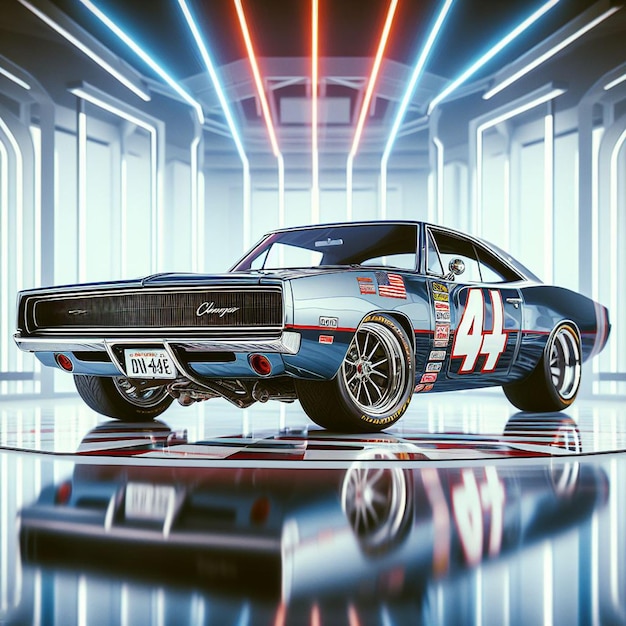 PSD dodge charger 1968 nascar racing car pic hyperealistische musclecar vintage poster