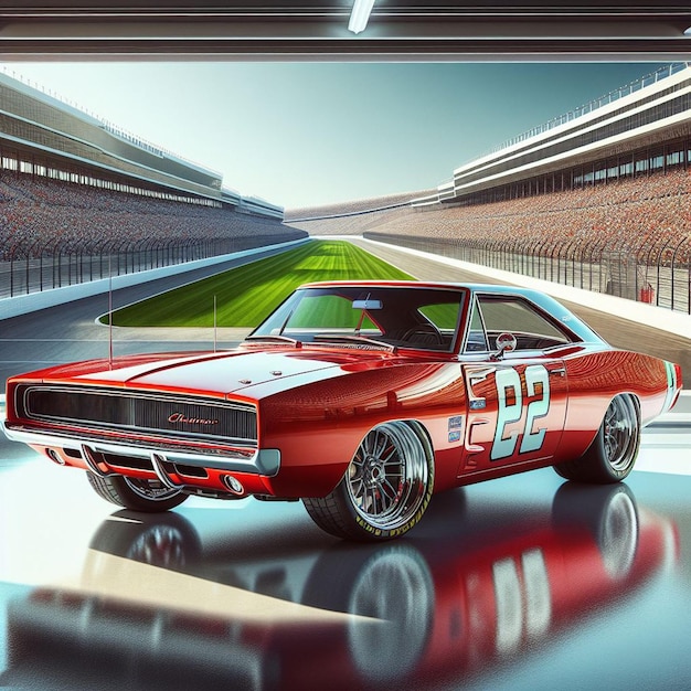 PSD dodge charger 1968 nascar racing car pic hyperealistische musclecar vintage poster