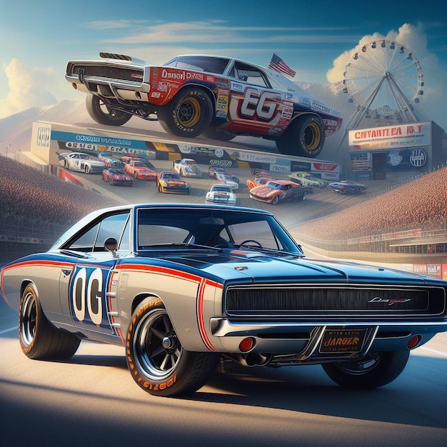 PSD dodge charger 1968 nascar racing car pic hyperealistische musclecar vintage poster