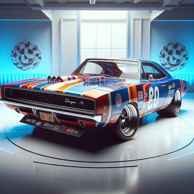 PSD dodge charger 1968 nascar racing car pic hyperealistische musclecar vintage poster