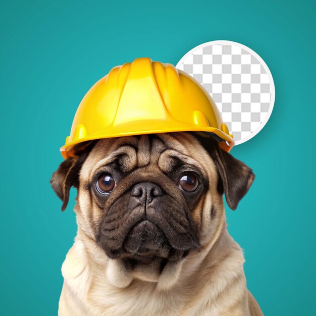 Dog breed pit bull terrier in a construction helmet on a yellow