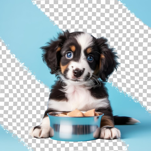 PSD a dog breed puppy sits next to a bowl of food on a transparent