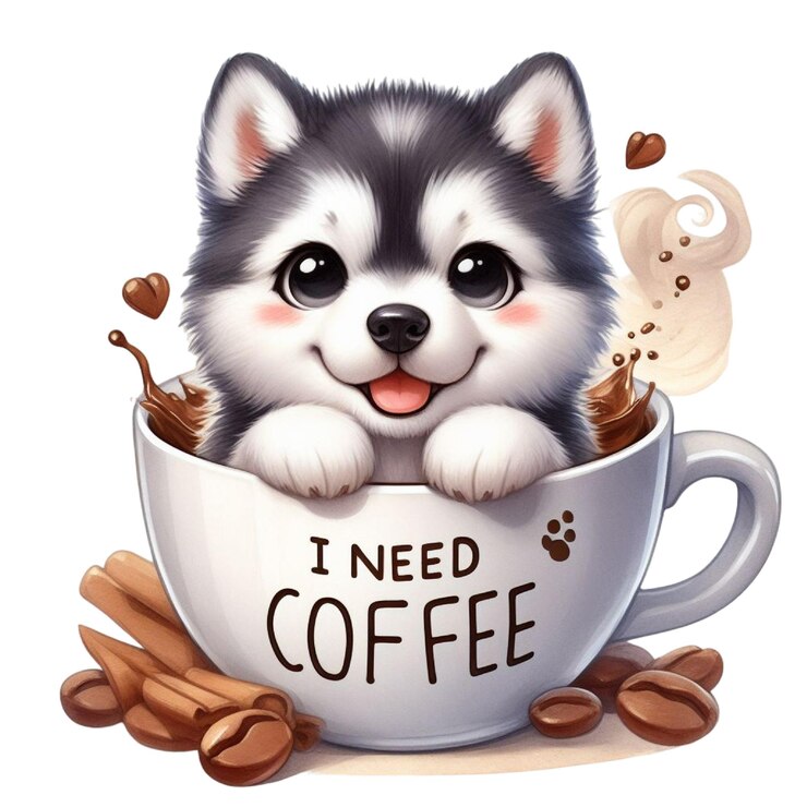 a dog in a coffee cup that says i need coffee