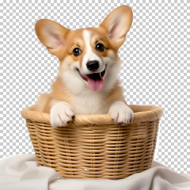 PSD dog corgi in the basket isolated on transparent background