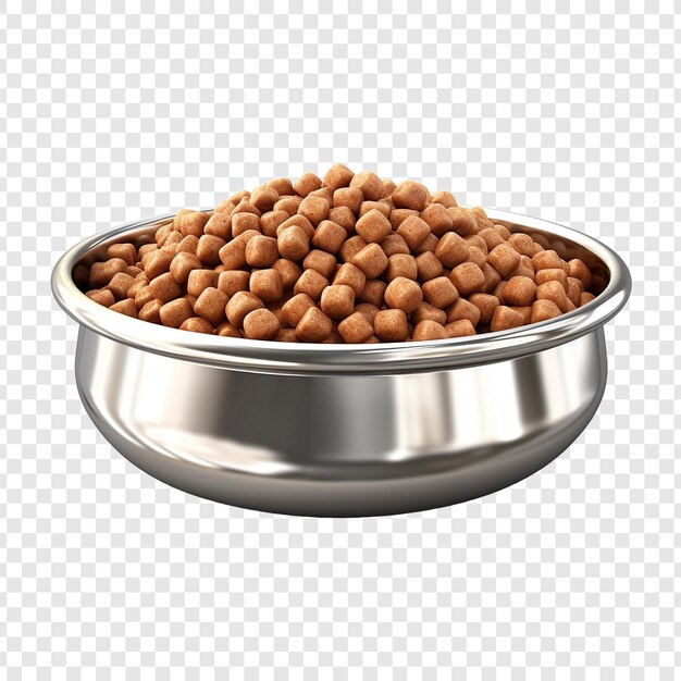 Dog food in steel bowl isolated on transparent background