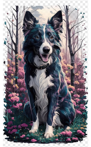 PSD a dog is standing in a forest with trees and flowers