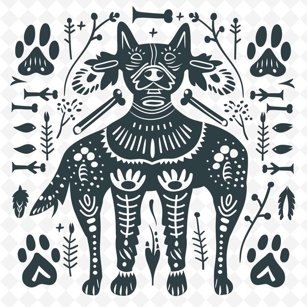 PSD dog line art with bones and paw prints for decorations creat outline scribble arts of nature decor