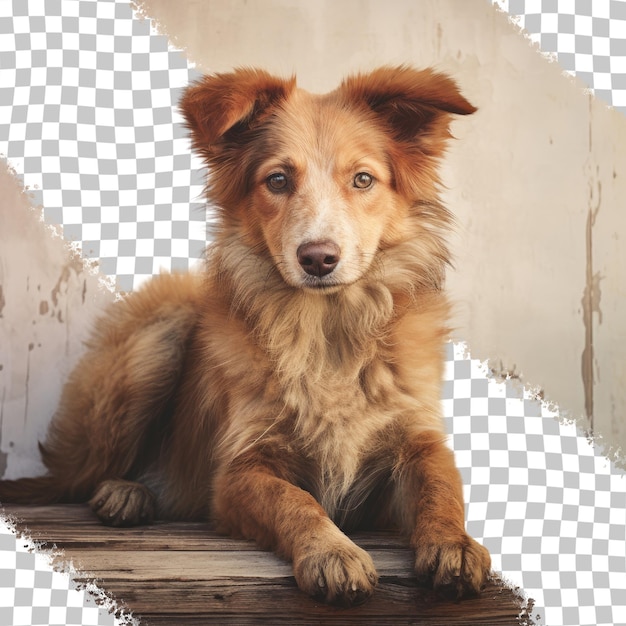 PSD a dog sits on a step and looks at the camera.